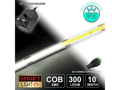 12V/1M COOL WHITE COB Continuous LED Strip Tape IP20/300 LED with 12V AC Adaptor