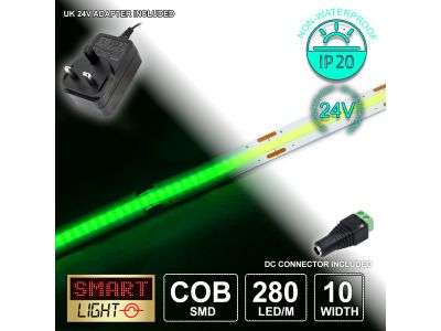 24V/1M GREEN COB Continuous LED Strip Tape IP20/280 LED with 24V AC Adaptor
