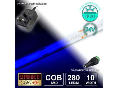 24V/1M BLUE COB Continuous LED Strip Tape IP20/280 LED with 24V AC Adaptor