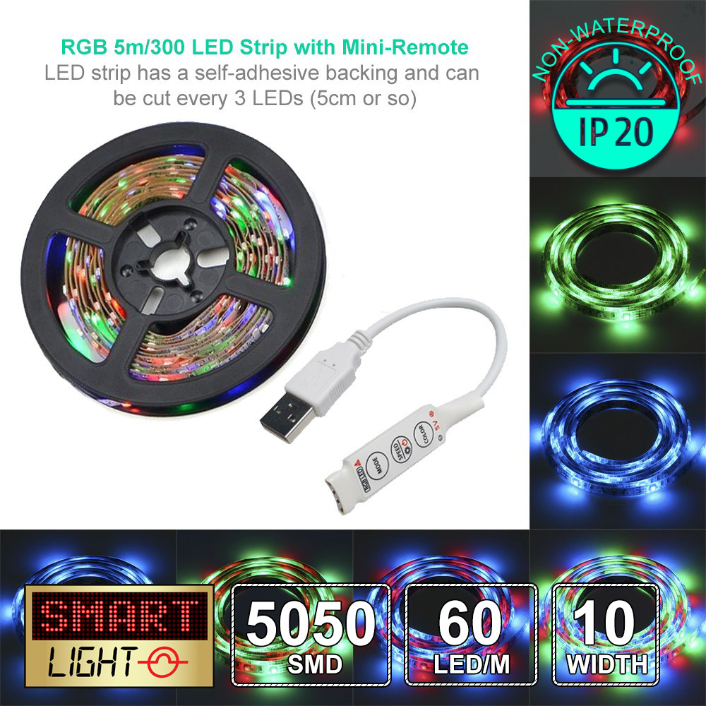 5V USB LED Strip Light 5M SMD 3528 with 3M Tape for TV Computer  Backlighting (5M,3528,Non-Waterproof, Red)